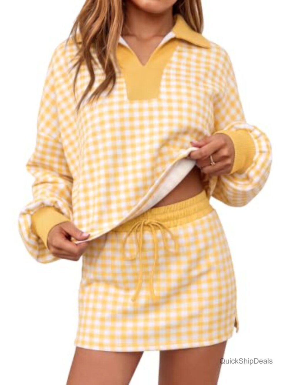 Women's 2-Piece Gingham Sweatshirt & Skort Set Long Sleeve Lounge Workout